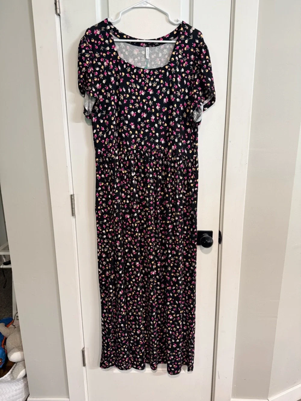 Popyoung Maxi Dress 2X Black Pink Floral Empire Waist Pockets NWT Autumn Wedding - Picture 2 of 7